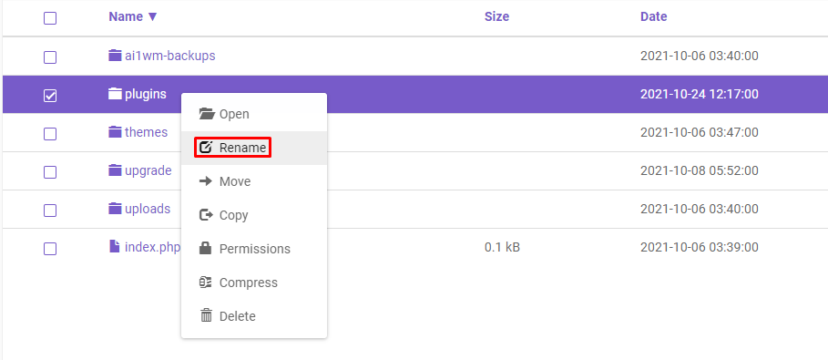 The plugins file in the wp-content folder - highlighting the "rename" option