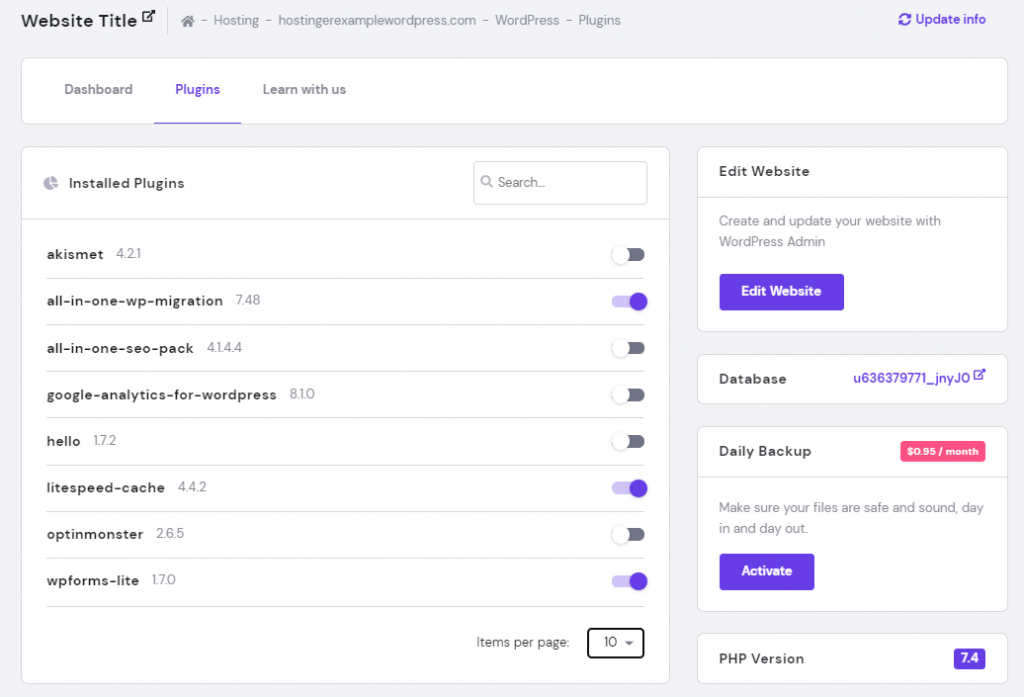 The inside of the hPanel plugins section.