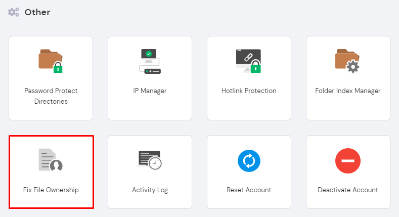 The Fix File Ownership tool on hPanel under the "Other" section.