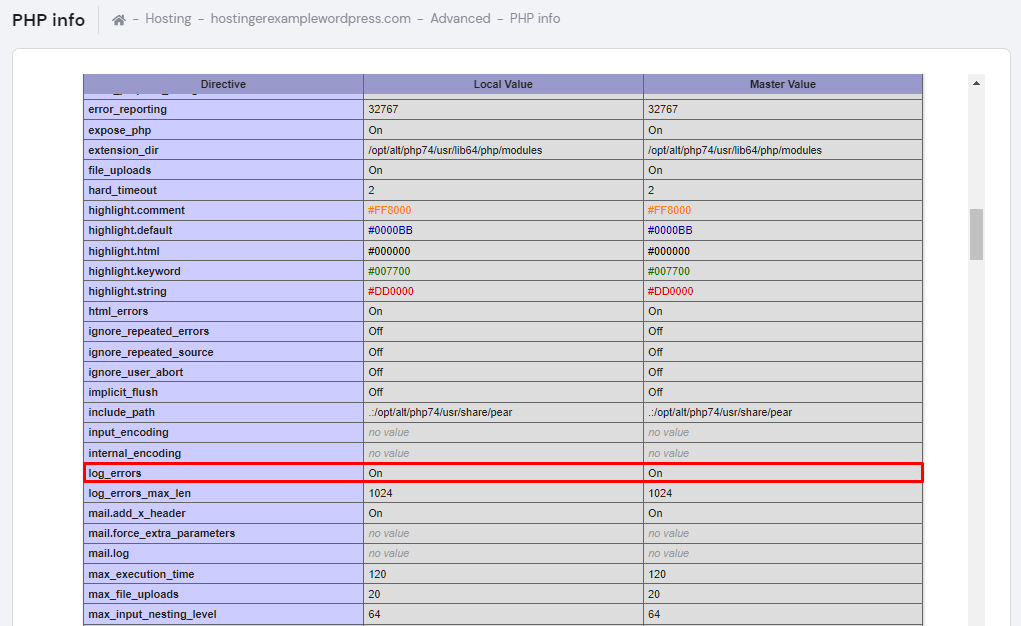 Checking the value of log_errors via PHP info.