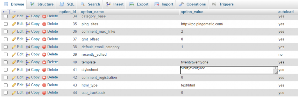 The option_value column in phpMyAdmin