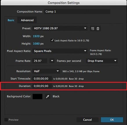 go to composition composition settings and duration