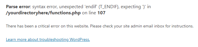 "There has been a critical error on this website" message after WordPress debug is activated.