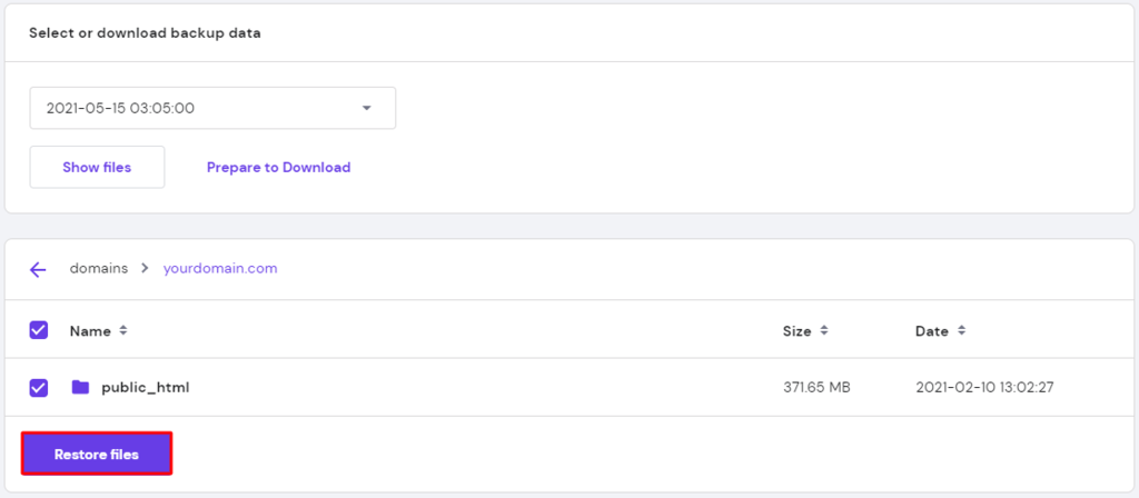 Restoring backup files using hPanel.