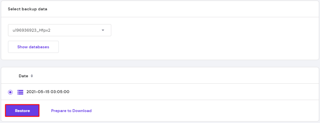 Restoring backup database using hPanel.
