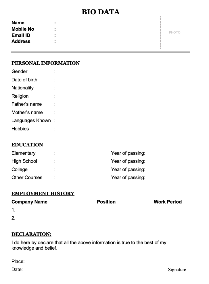 Biodata for job