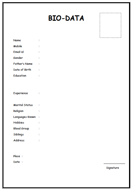 Job biodata format empty