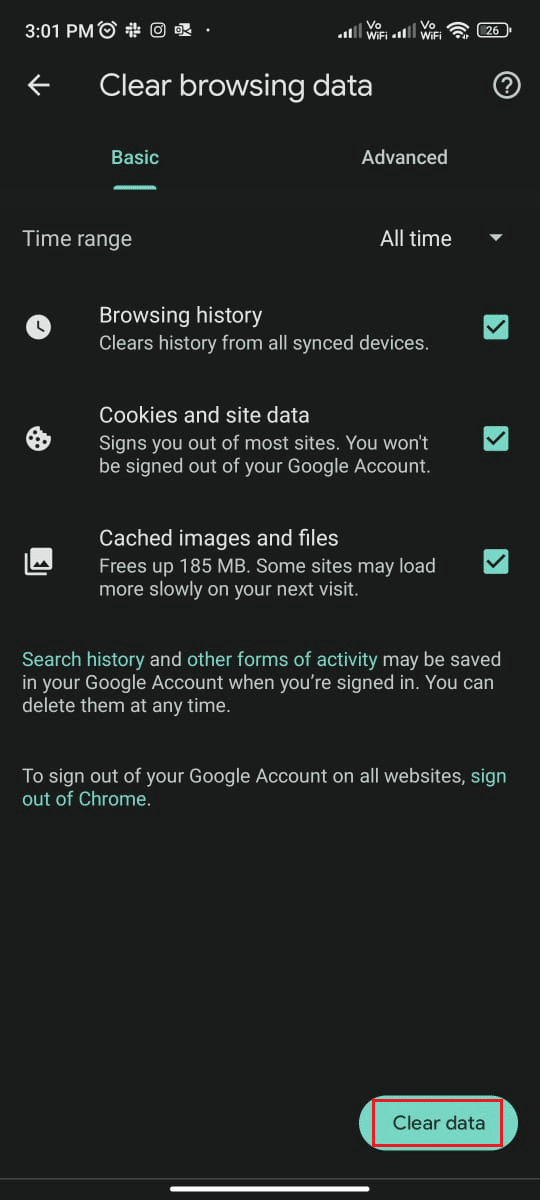Clear Browsing Data on Chrome