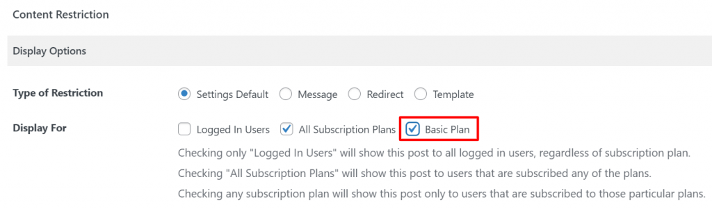 The Content Restriction section in the WordPress