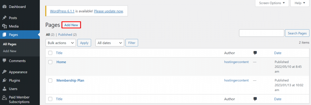 The Pages section to add a new page in WordPress