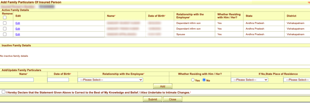 family details in esic updation