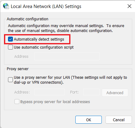 Check box for Automatically detect settings