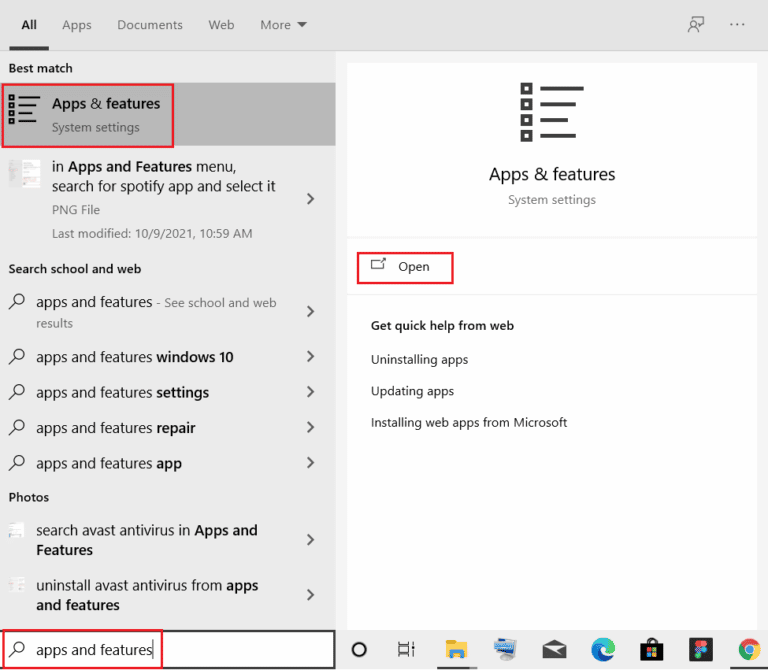 Open Apps & features | Chrome print preview not working
