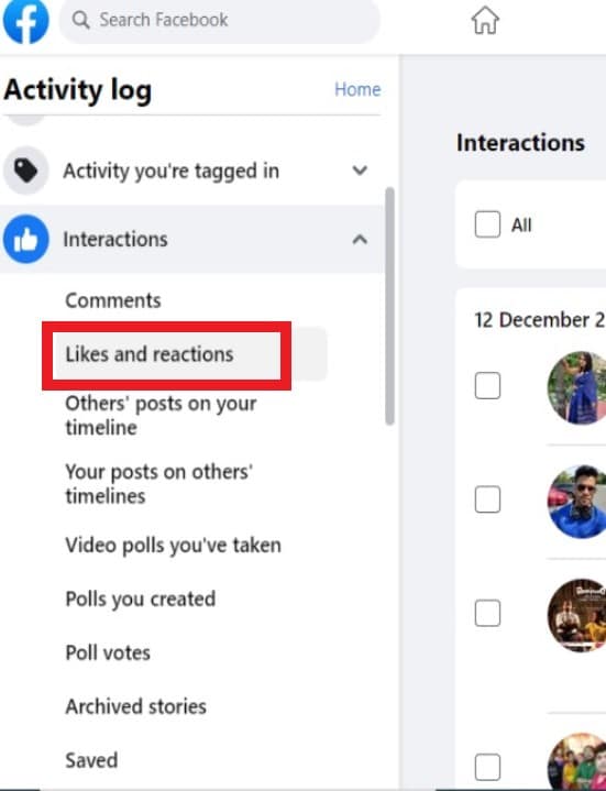 From the drop-down menu, click on Likes and reactions.
