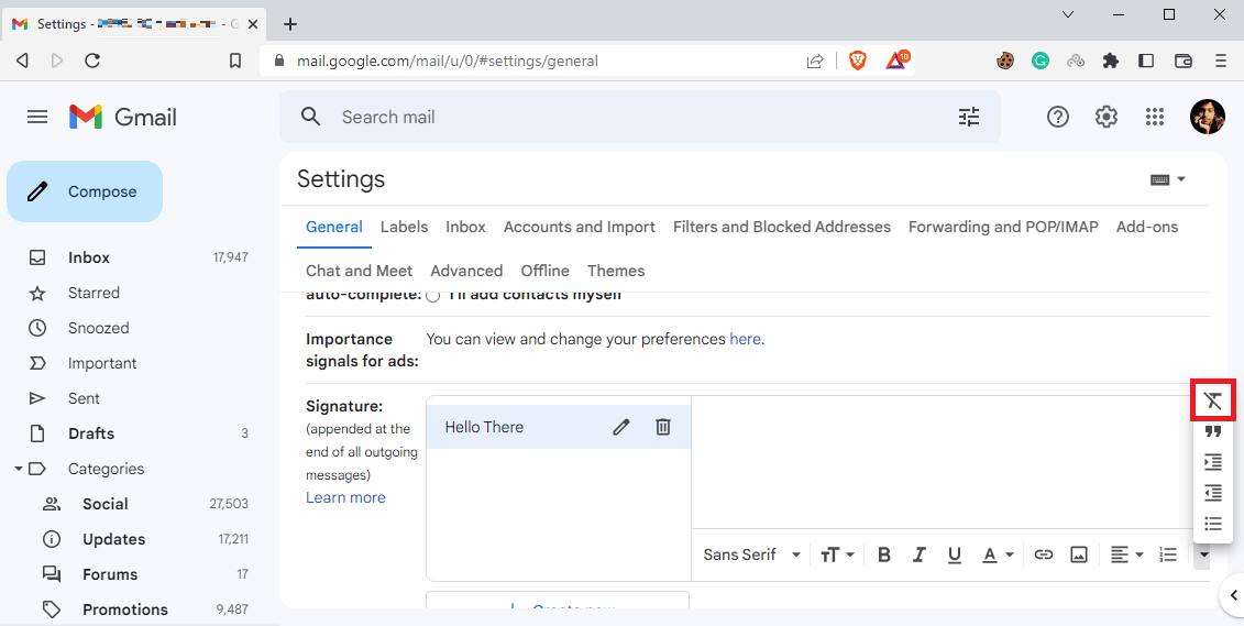 Click on the drop-down icon, and then click on the Remove formatting icon | Gmail signature images not displaying