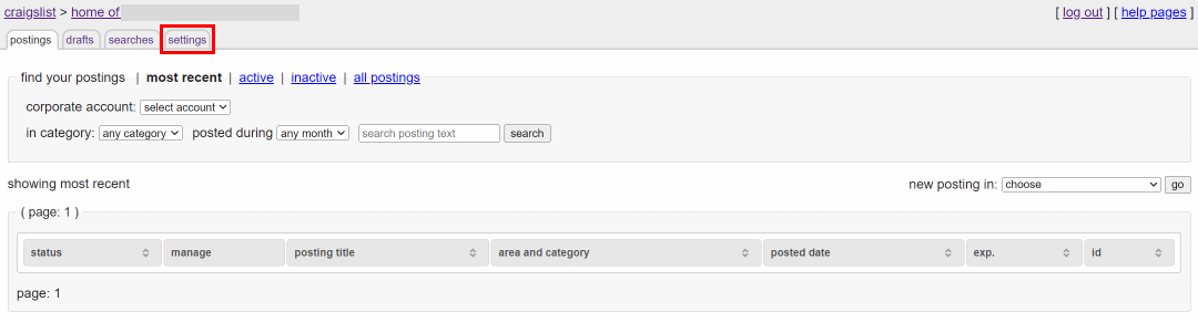 Click on the settings tab | How to Delete Craigslist Account