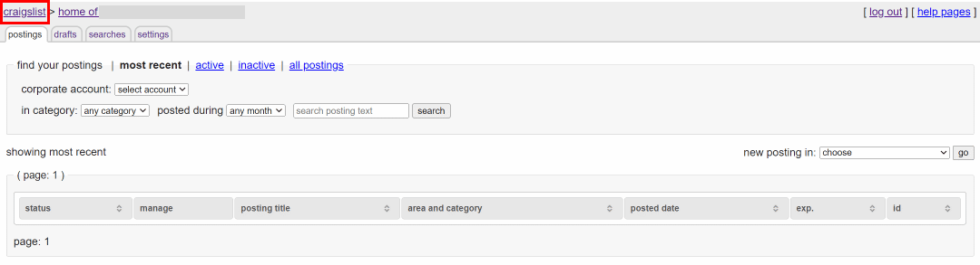 Click on the craigslist option at the top left of the page