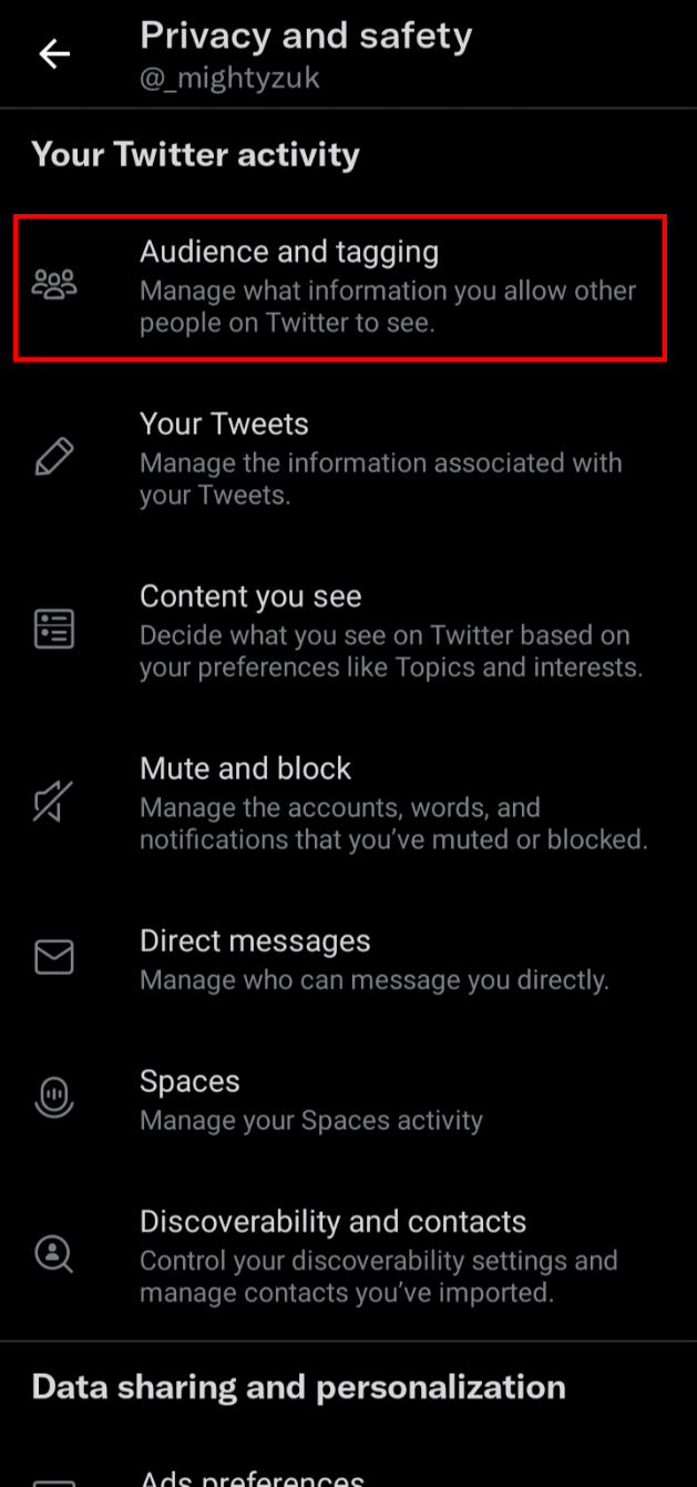 Tap on Audience and tagging. | Can I Turn Off Double Tap Like in Twitter?