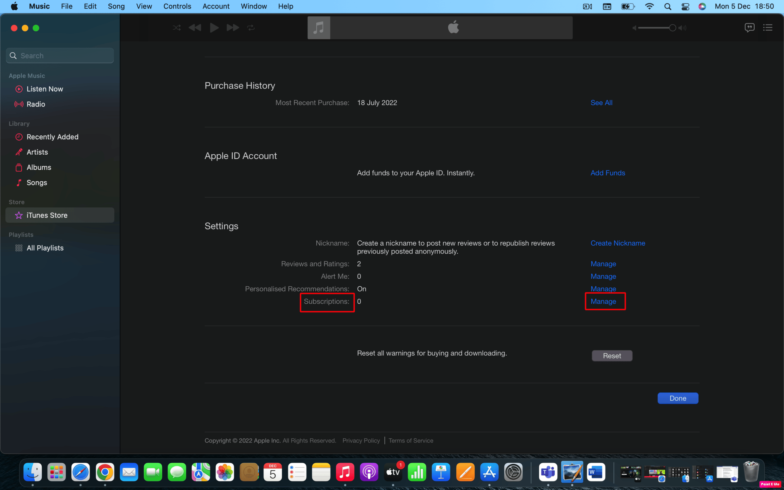 choose manage next to subscriptions option