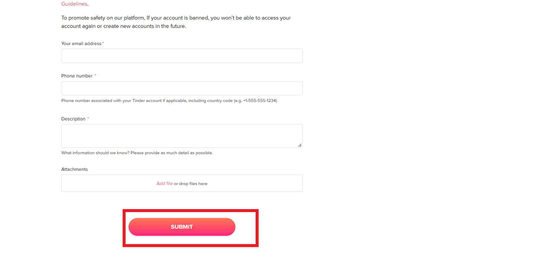 click on Submit. | Tinder banned me for no reason