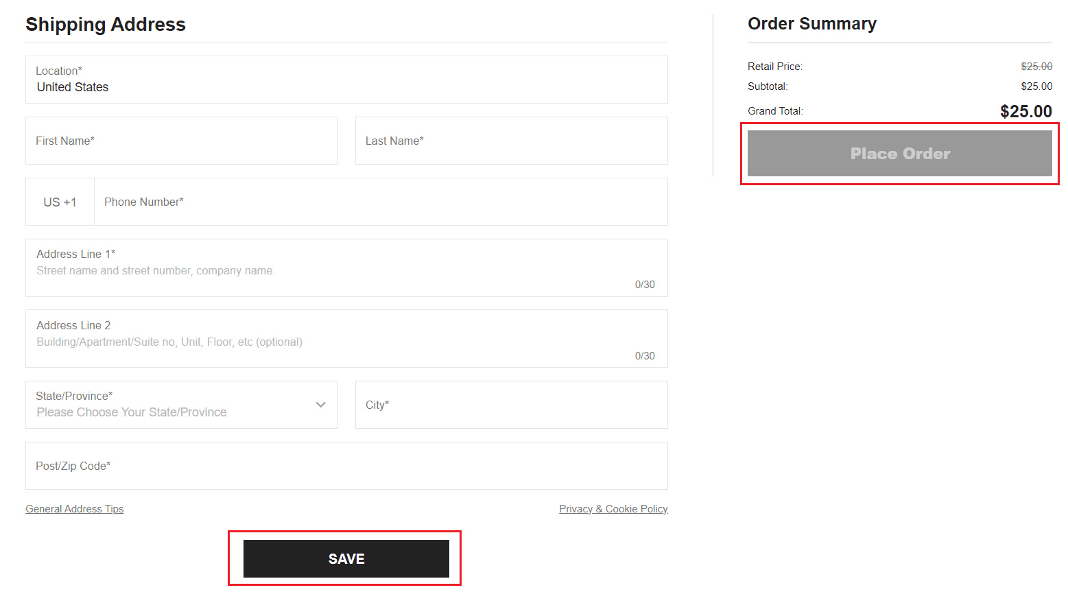 Enter the shipping address and click on SAVE - click on Place Order