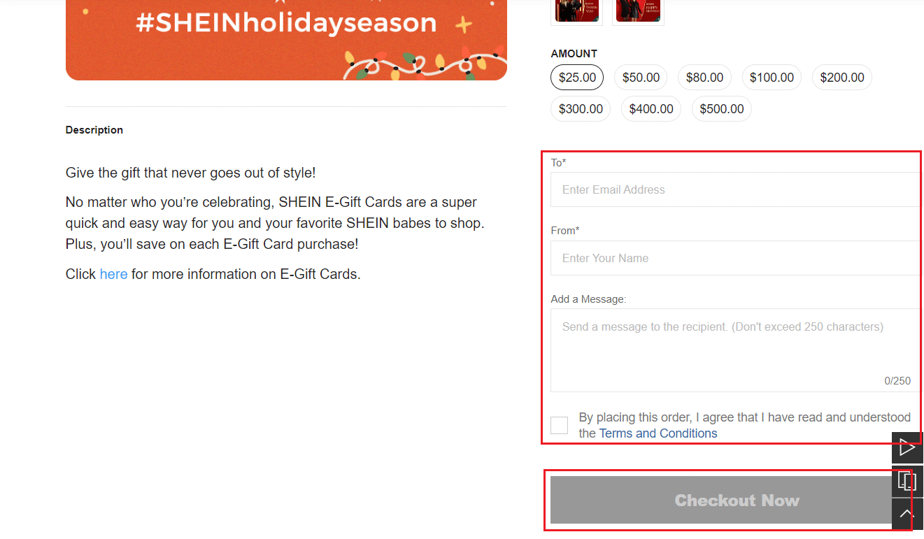 Enter the To and From fields and add a message - Mark the agree checkbox and click on CHECKOUT NOW