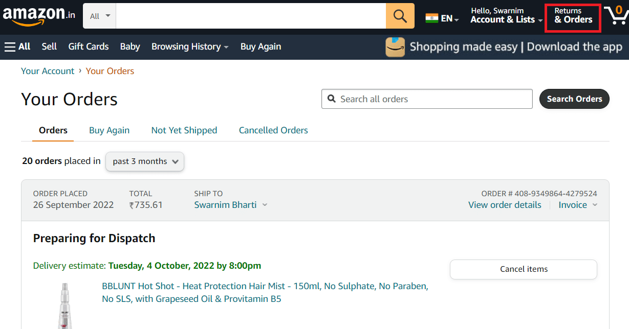 click on Returns and Orders | How to Remove Amazon Gift Card