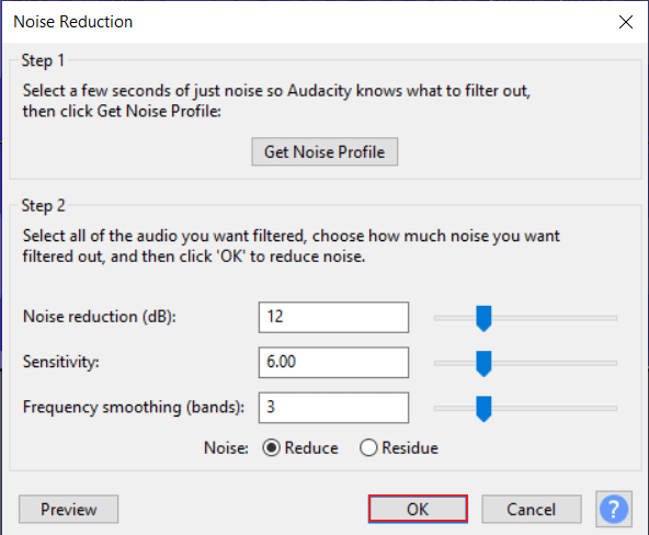 click OK | remove echo from audio Audacity