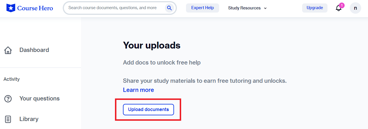  click on the Upload documents button. | How to Cancel Course Hero Subscription