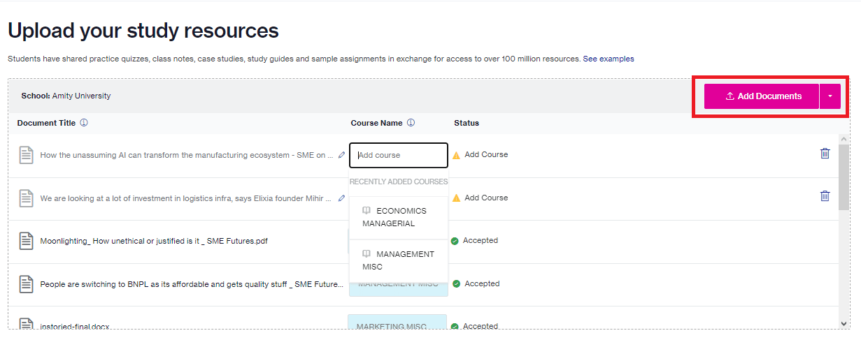  click on Add documents to add the materials.