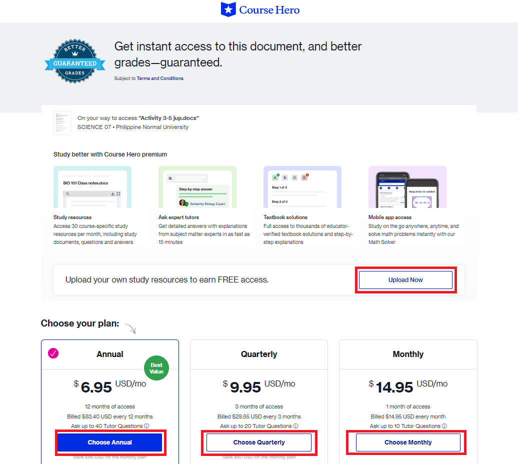 Alternatively, you can choose one of the subscription plan | How to Cancel Course Hero Subscription