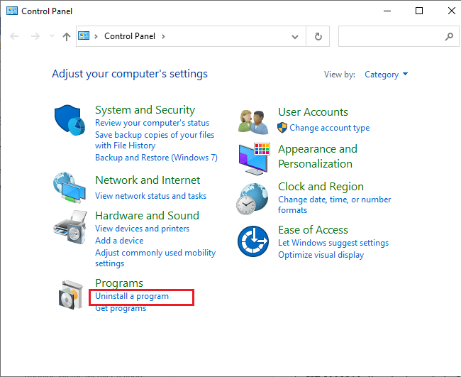 click on Uninstall a program option under the Programs menu