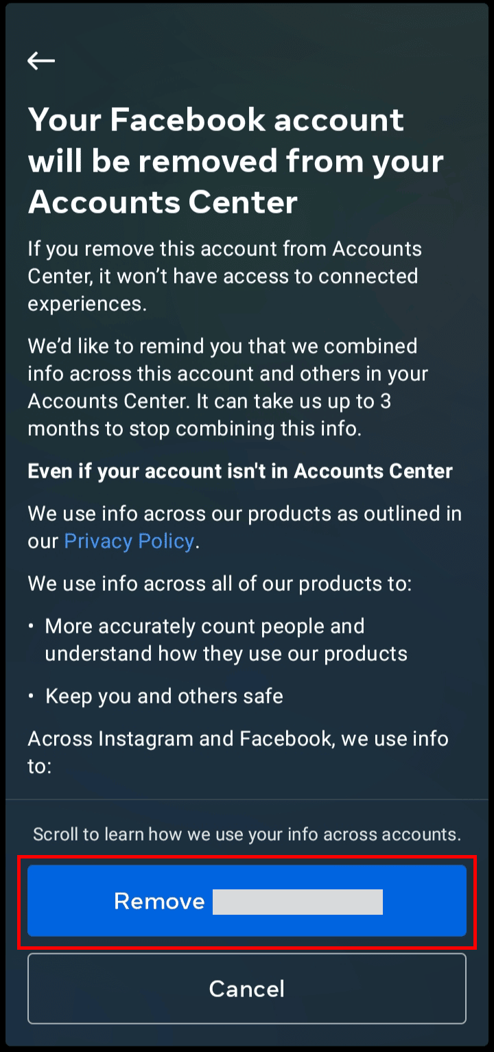Tap on Remove your Facebook name to confirm the removal of your Facebook account from Instagram. | How to Disconnect Your Facebook Account from Instagram