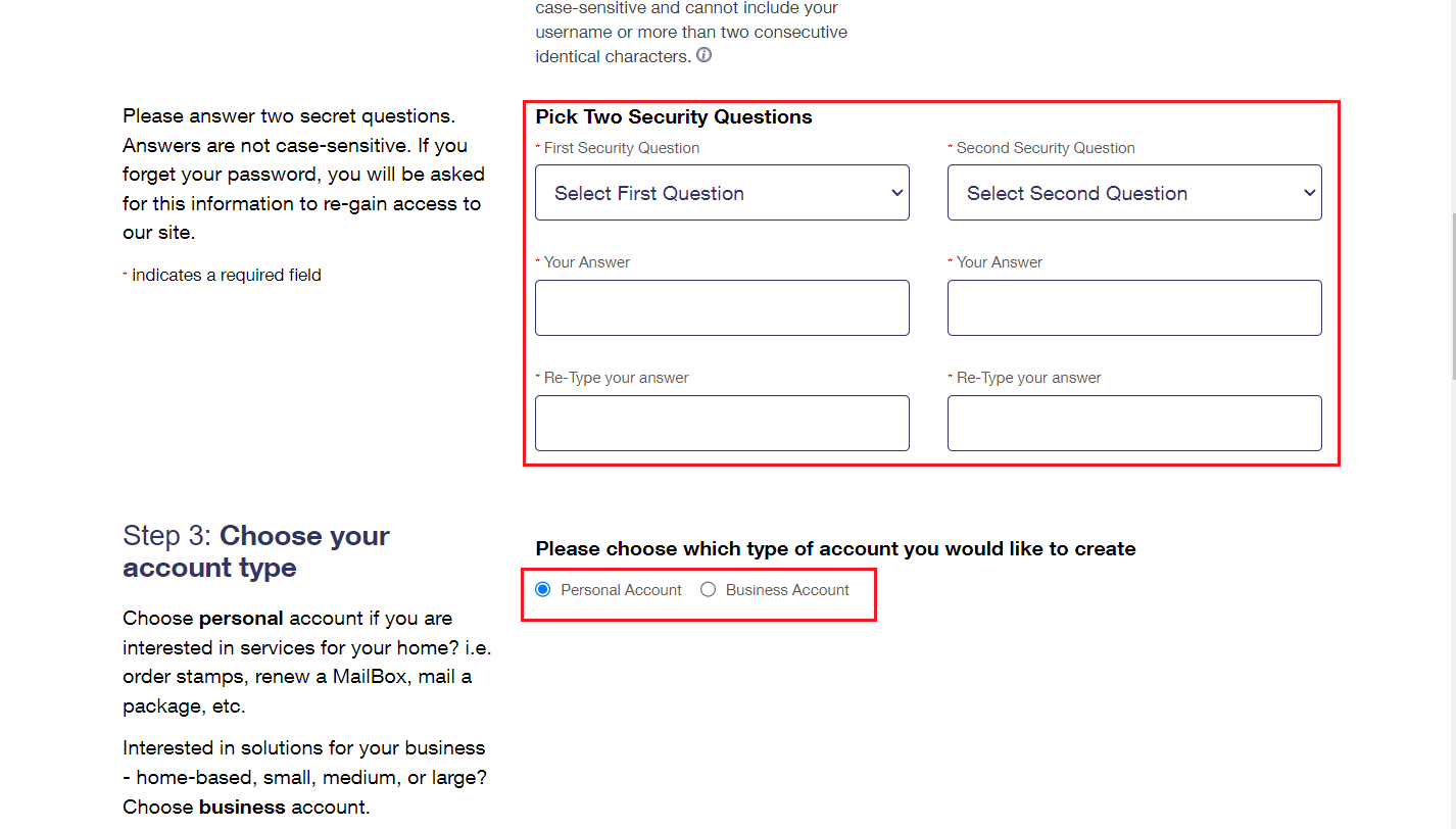 Pick two security questions and enter-confirm the entered password - select Personal Account or Business Account