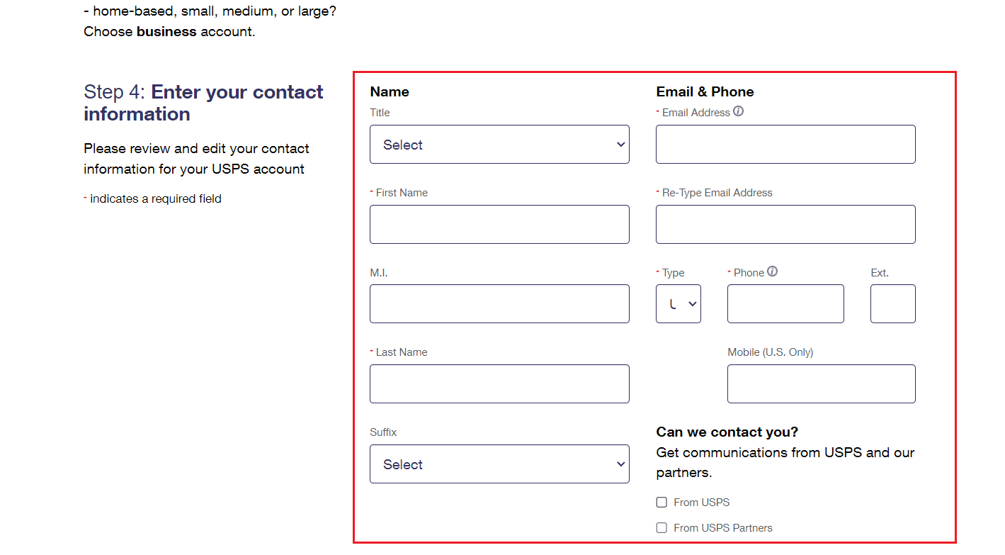 Add your name, phone number, suffix, and email address in the respective fields