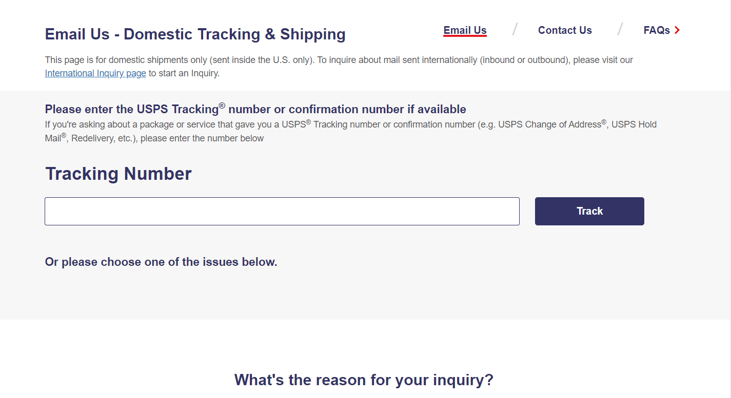 USPS Email Us page | reset password or change username on USPS.com