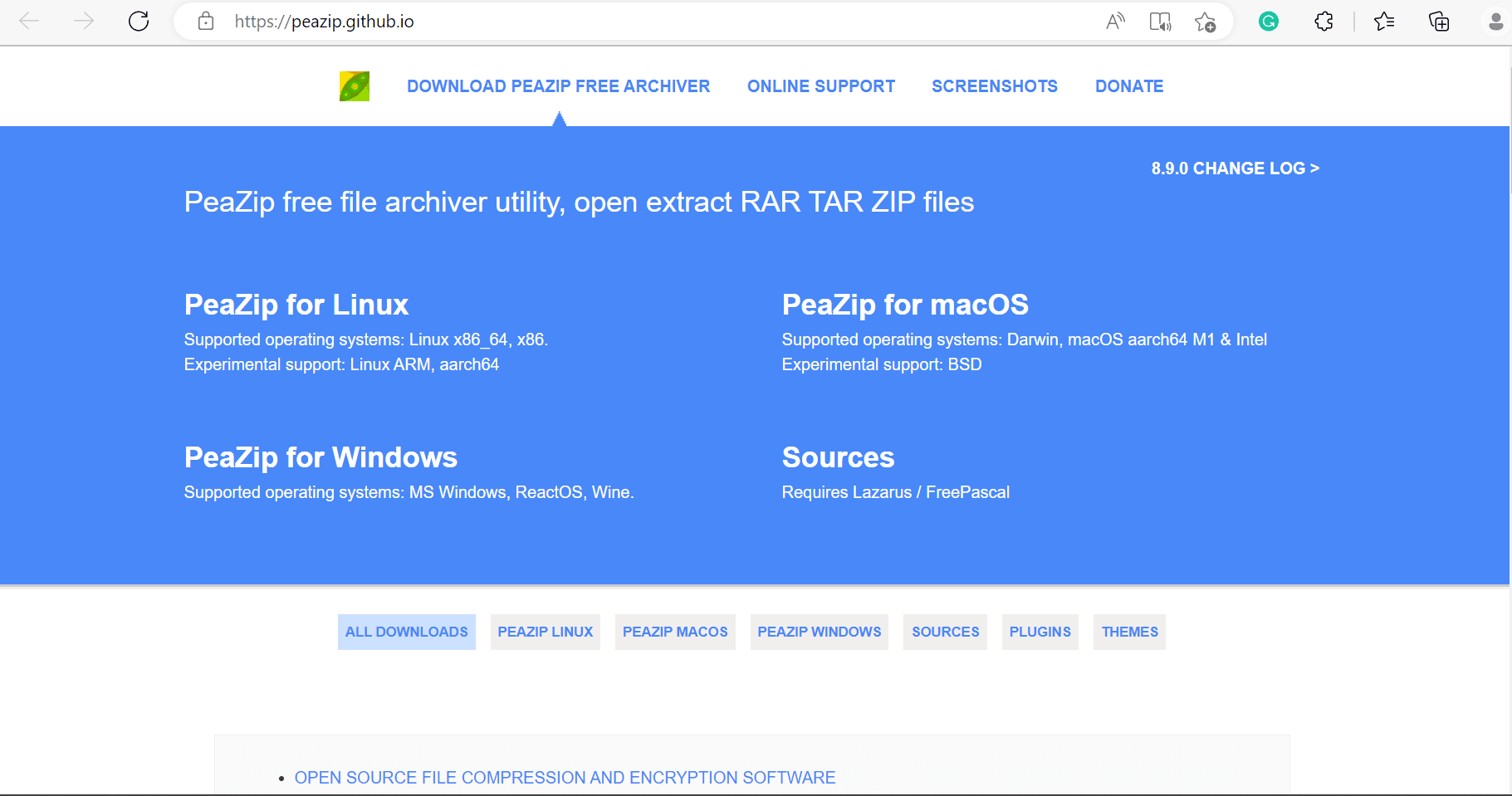 peazip web page