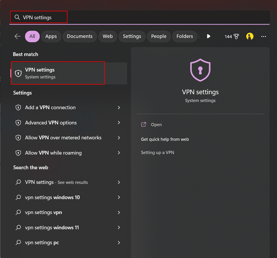 search for VPN settings in the search bar of your Windows PC and open it