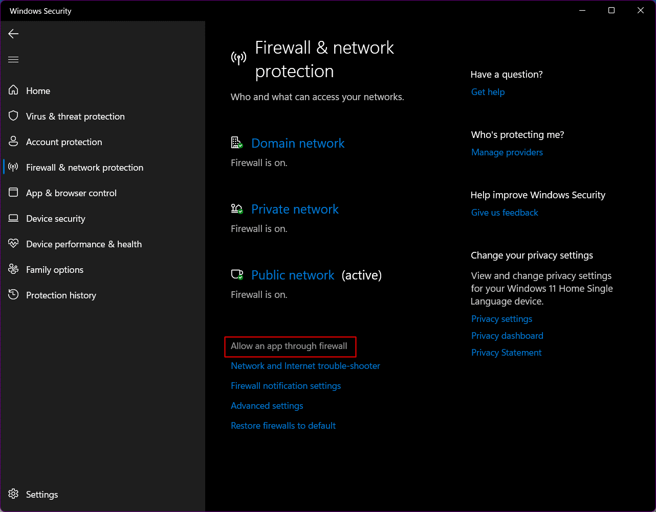Click on Allow an app through the Firewall