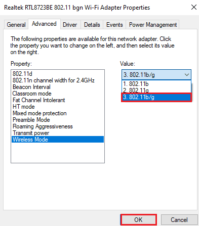 Click on 802.11b/g and select OK