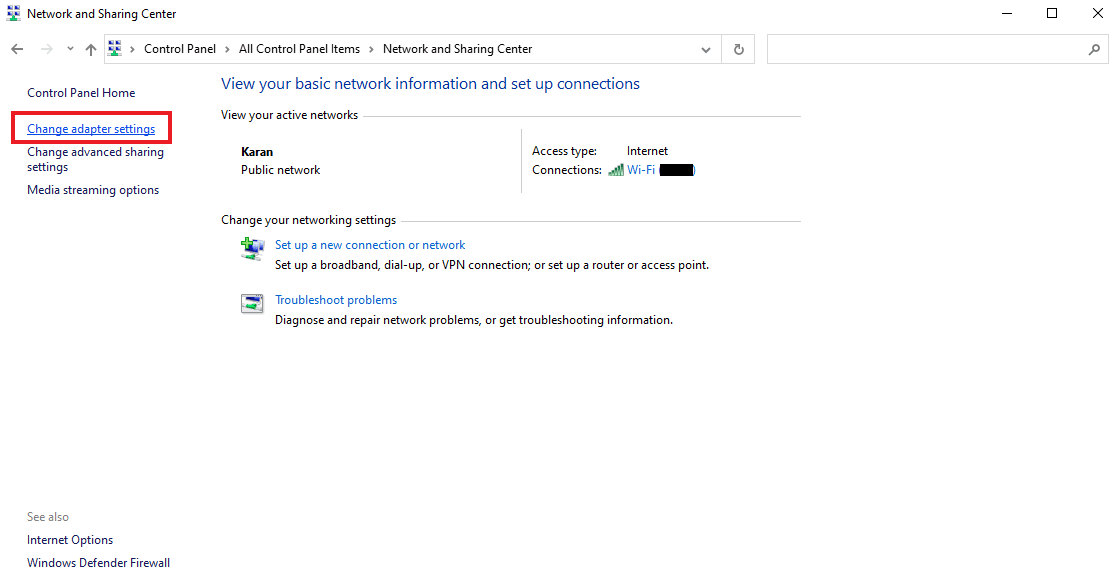 Select Change adapter settings