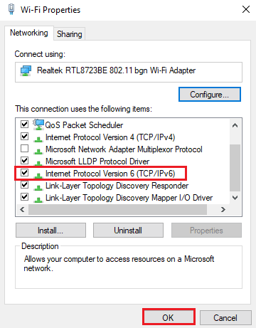 Uncheck the box for Internet Protocol Version 6 (TCP/IPv6) and click OK