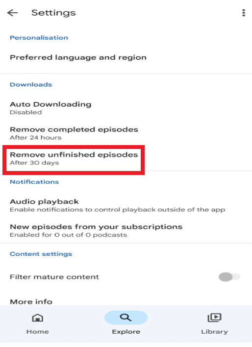 tap on Remove unfinished episodes from the Downloads section