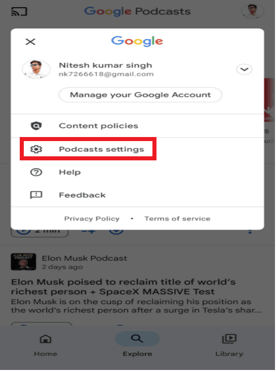 Tap on the Profile icon - Podcasts settings | can I delete Google Podcasts on my phone