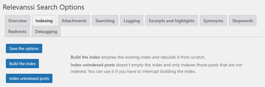 Relevanssi plugin dashboard, showing the indexing tab