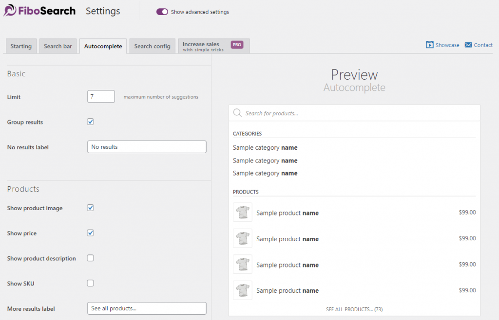 FiboSearch plugin settings panel, showing the autocomplete tab that contains the search form preview