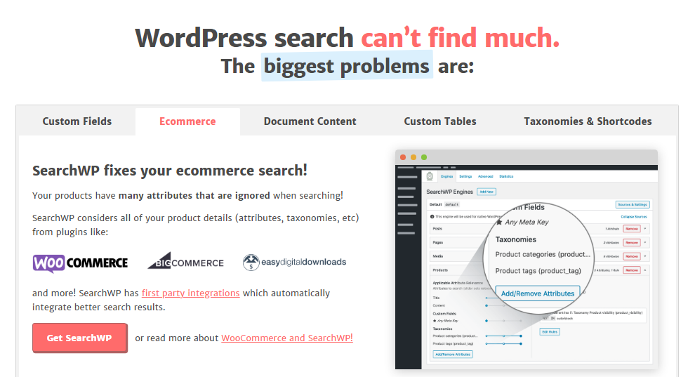 The homepage of the SearchWP plugin.