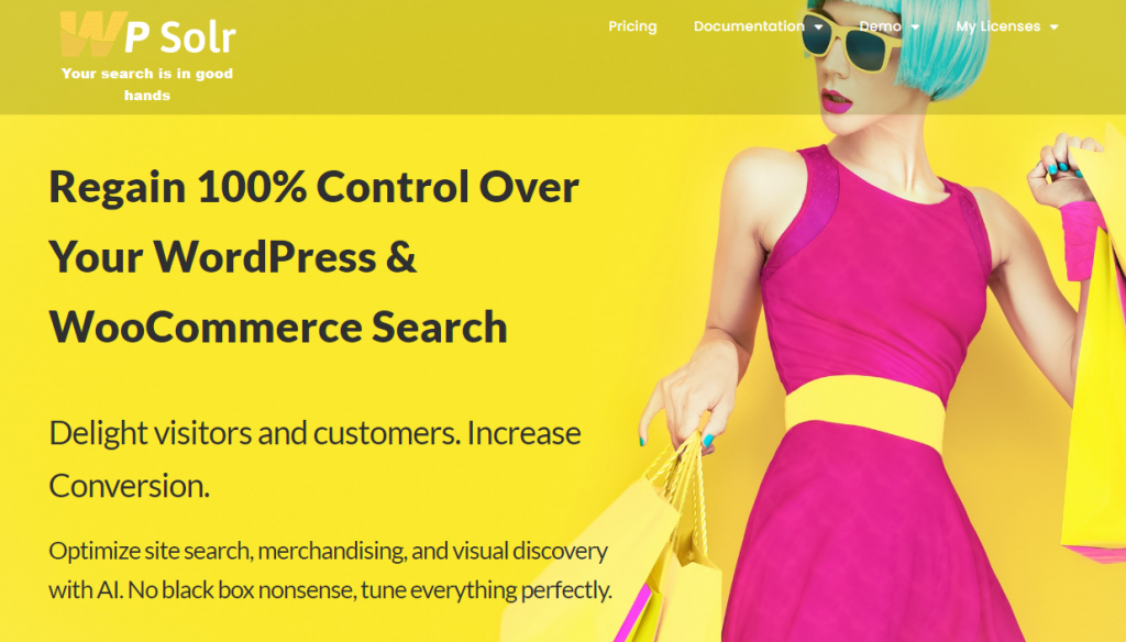 The homepage of the WPSOLR WordPress search plugin