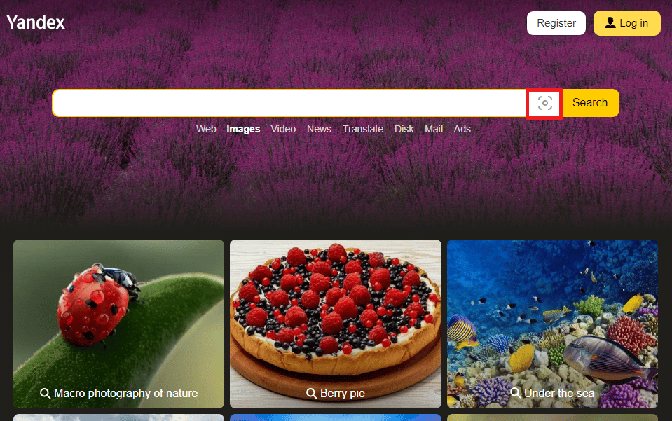 Open the official website of Yandex Image search and click on the camera icon on the search bar