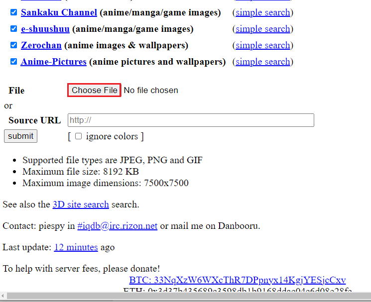 Open the official website of IQDB.org and click on the Choose File button